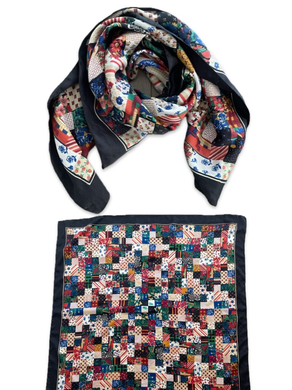 Colorful Patchwork Print Silk Scarf Navy Border Vintage